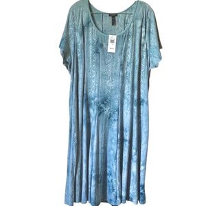 Sami & Jo 2X Blue Chambray Sequined Embroidered Stretchy Midi Swing Dress NWT
